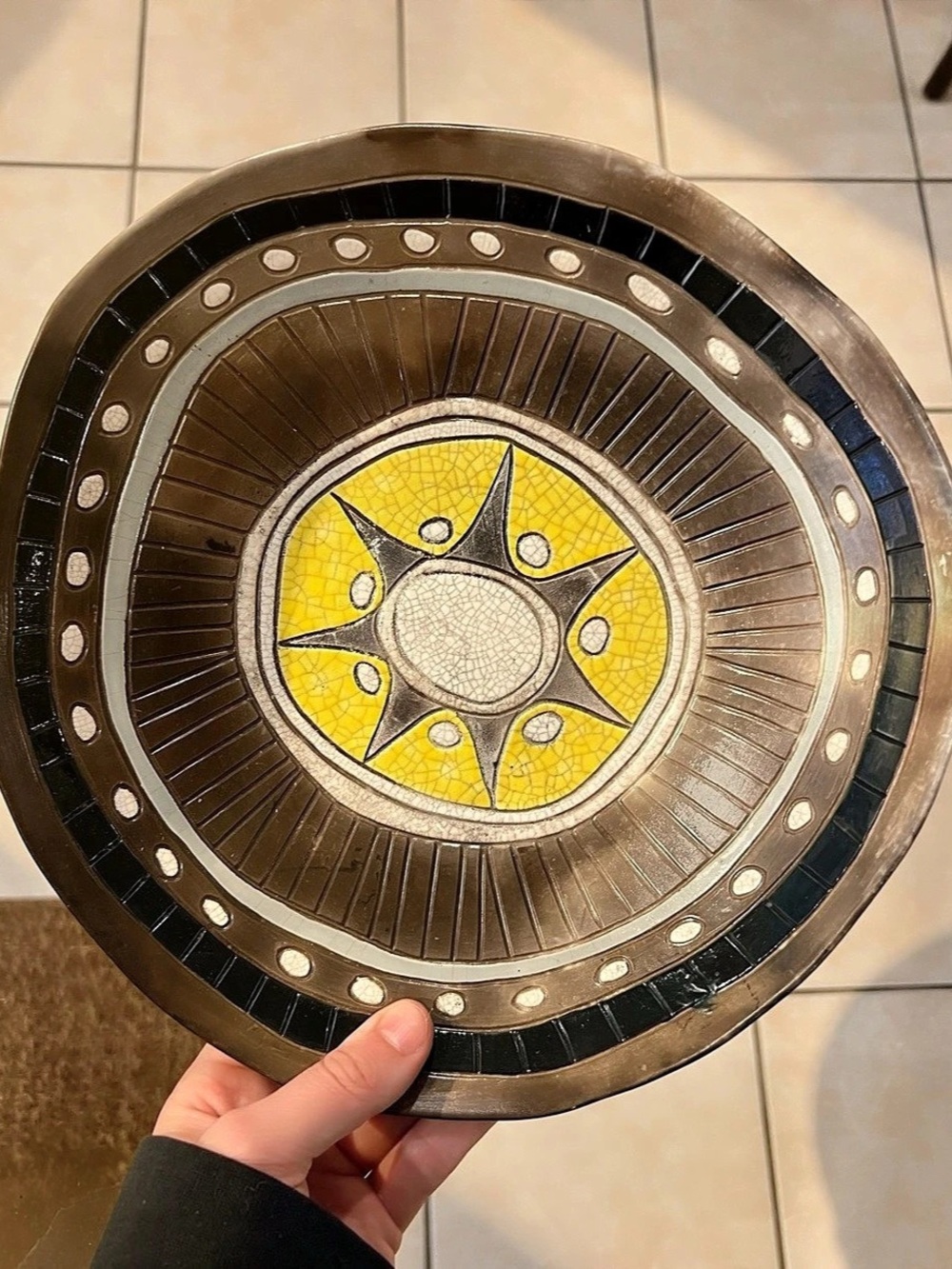 MCM Starburst Ceramic Brown & Yellow Geometric Wall Hanging Decorative Plate